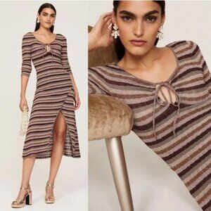 MISA Los Angeles Delfina Midi Dress S Metallic Stripe Wrap Skirt Tie Front